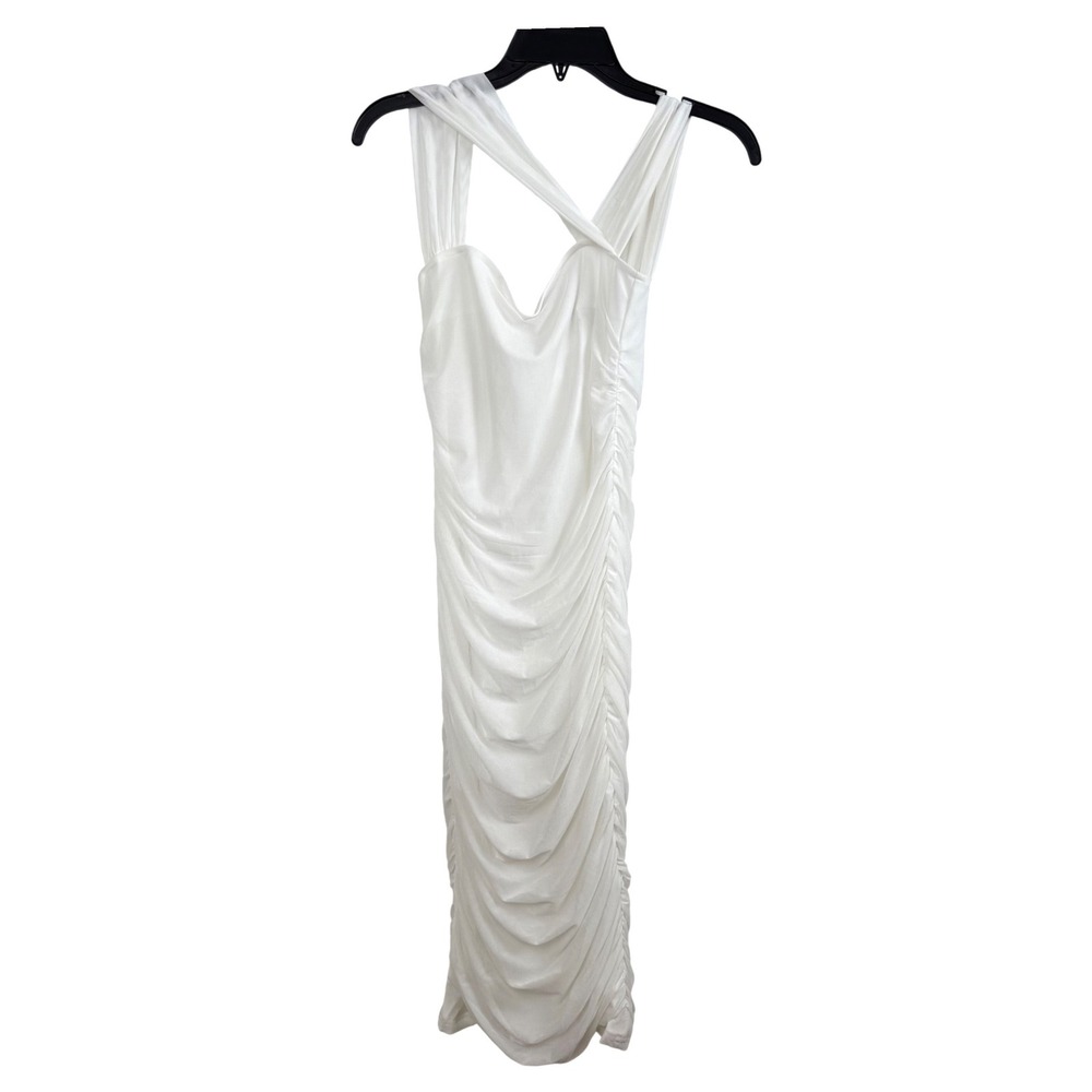 Glamaker White Ruched Bodycon Midi Dress Women Small Slim Fit Halter Clubwear